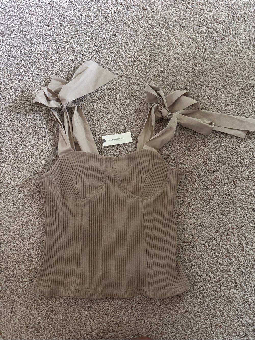 Anthropologie Ribbed Tie-Shoulder Bustier Camisole - Taupe